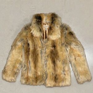 H&M 2 Faux Fur Coat Brown Tan Red Fox Pocket Vintage